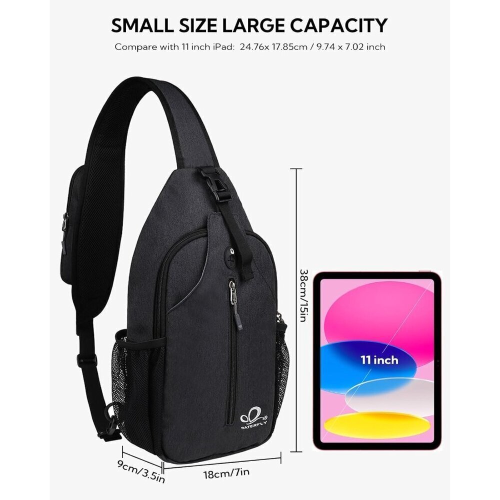 Waterfly Men Women Black Crossbody Adjustable Strap Hiking Sling Backpack - Picture 2 of 6